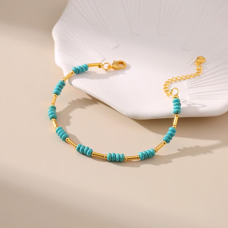 Handmade Turquoise Beaded Bracelet 18k Gold Plated Copper Tube Fashion Jewelry For Women
