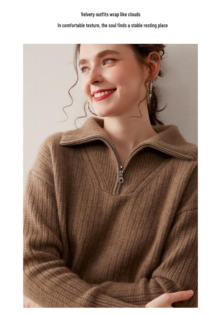 Women's Casual Ribbed Cashmere Sweater, Loose Fit, Half Zip, Solid Color, Autumn/Winter