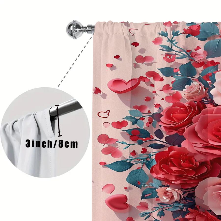 2pcs Romantic Red & Pink Rose Heart Curtains Bedroom Living Room Window Decor Valentine's Day Chic Home Decor Rod Pocket Curtain