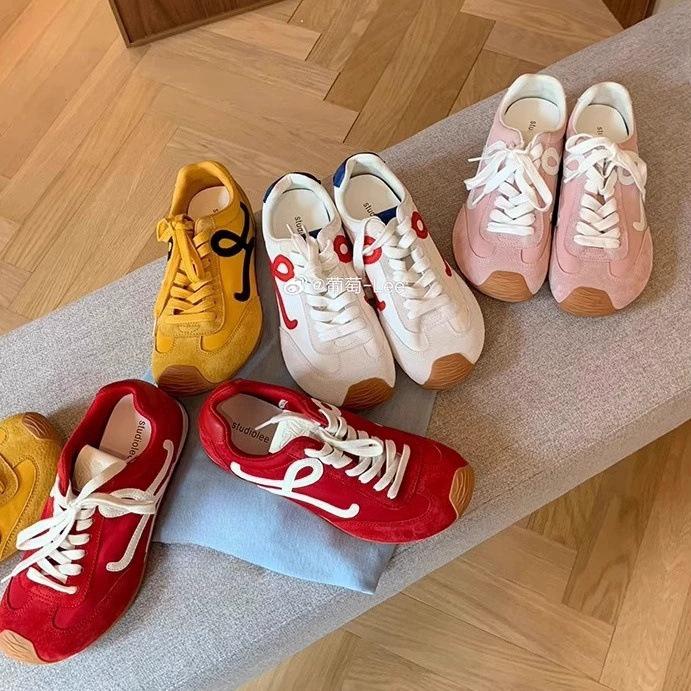 Casual Contrasting Color Splicing Lace-up German Training Shoes Board Shoes Women's Retro Asymmetric Big Toe Head Round Head Versatile Forrest Gump