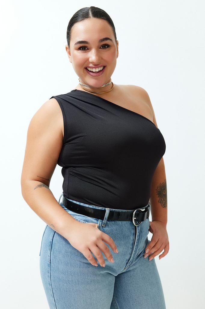 Women's Style Plus Size Cinnamon Asymmetric Collar Knitted Body with Snaps at the Bottom