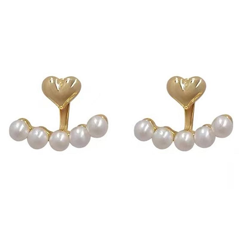 1 pereche Cercei eleganți metalici în formă de inimă cu perle suspendate la spate Bijuterii coreene Pentru femei Fete Accesorii