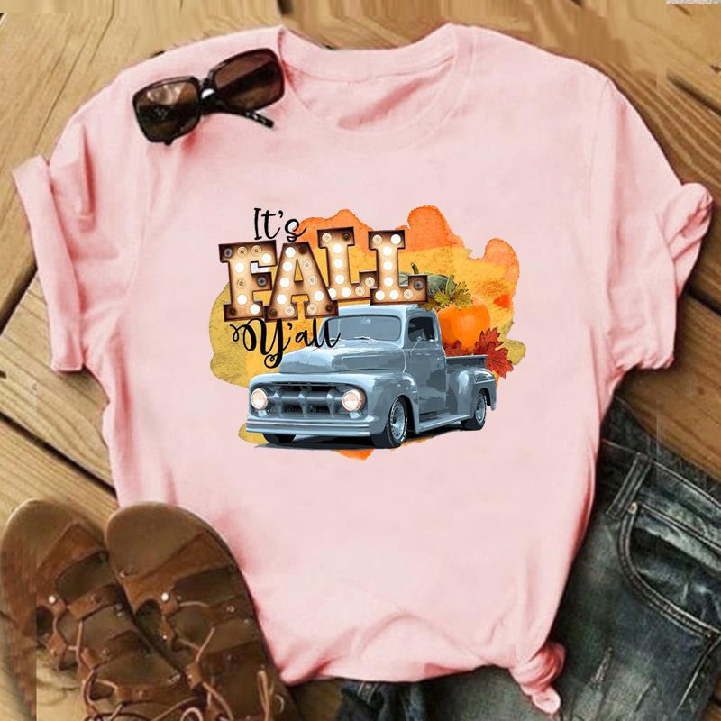 Autumn Maple Leaf Halloween Thanksgiving Print ShortSleeved TShirt European American Style Aesthetic Top for Unisex Women