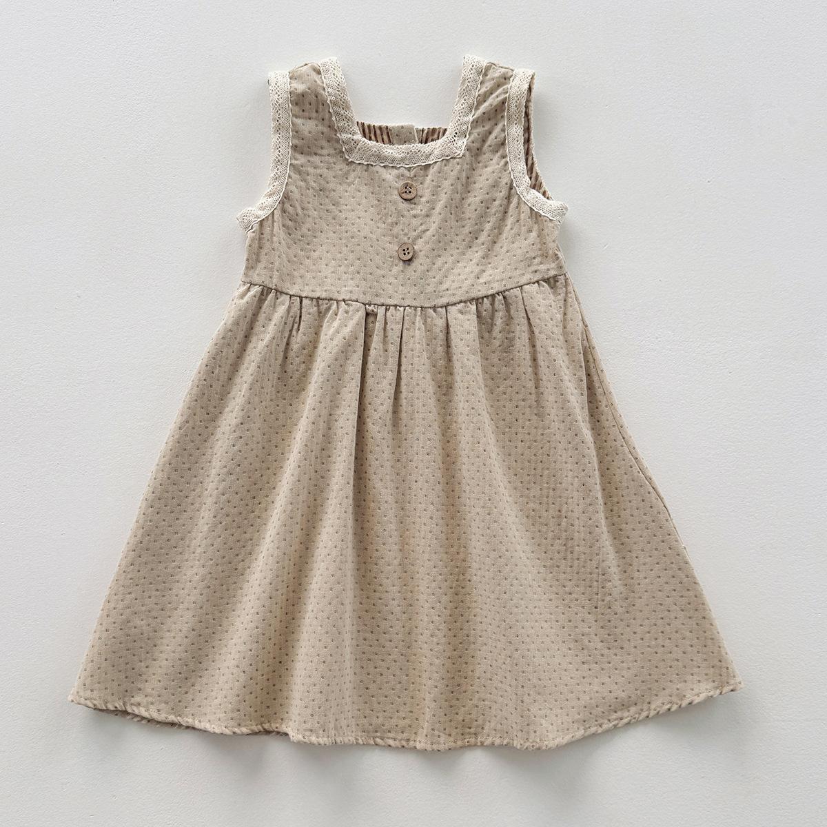 Summer Girls Vintage Mori Lace Trim Polka Dot Jacquard Sleeveless Dress For Kids 140cm