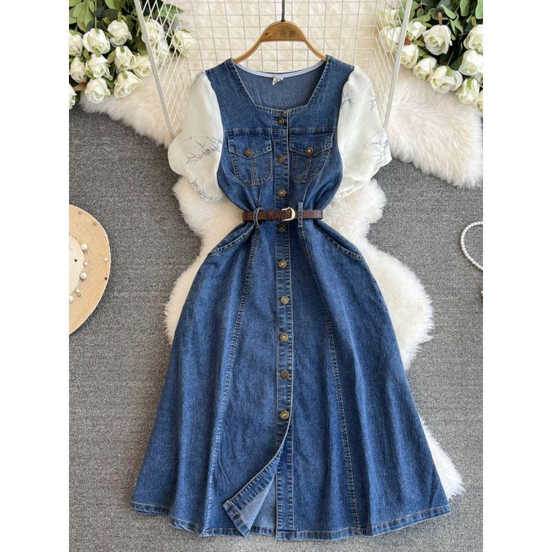 Lyocell Denim Dress Summer Dress 2025 New Patchwork Puff Sleeves Tight Waist Mid Length Long Length below the Knee plus Size Skirt