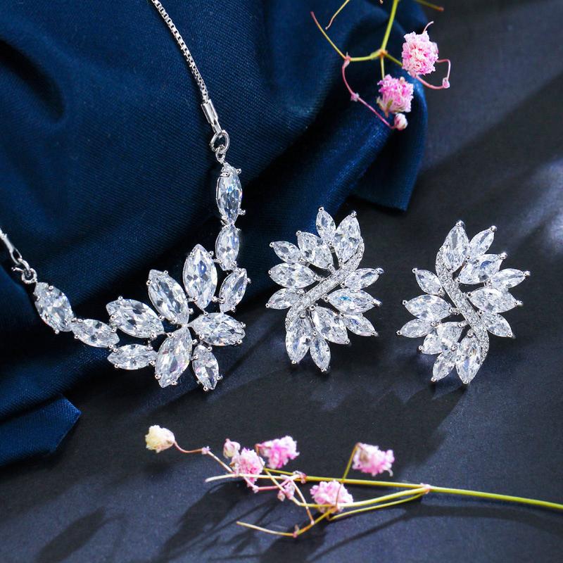 WWJ Marquise Cut Flower Cubic Zirconia Necklace and Earrings Jewellery Sets