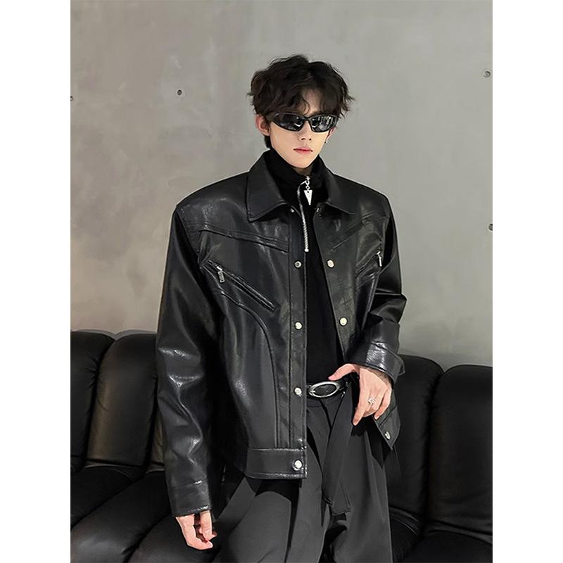 

Короткая кожаная куртка с подплечниками, мужская, модный бренд, хулиганская, красивая, высококлассная одежда для мотоциклистов, cleanfit, американская куртка-бомбер L чёрный