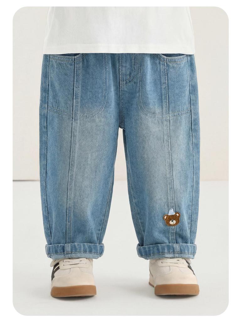 Kaka Panda Kids' Spring Jeans: Trendy Long Pants for Boys & Girls, Ideal for Toddlers in Spring & Autumn.