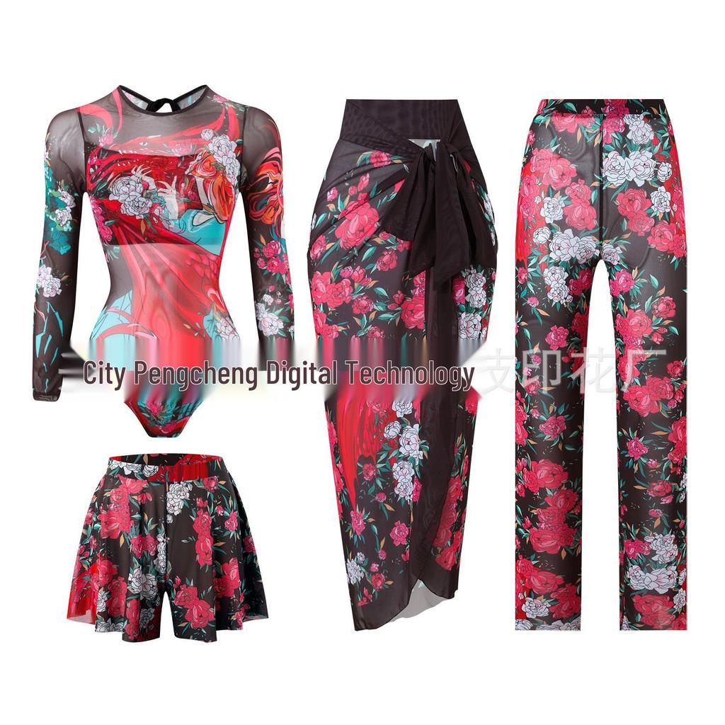 Vierteiliger Damen-Badeanzug mit langen Ärmeln, Netzstoff, Sonnenschutz und Hose