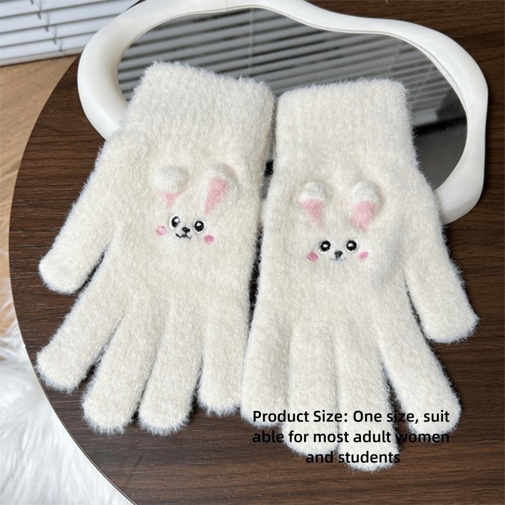 Daily Use Full Finger Embroidered Gloves Rabbit Pattern Winter Warm Gloves Outdoor Wear