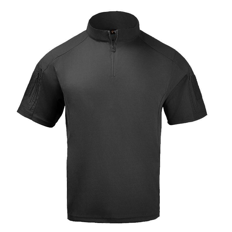 Męski T-shirt z krótkim rękawem w kamuflaż na zewnątrz, letni mundur do treningu wojskowego, taktyczny oddychający szybkoschnący top ze stójką