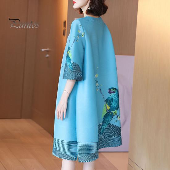 Retro Print Dress Women Summer Three Quarter Sleeves Loose Parrot Ice Printed Silk Knee Length Pullover Party Commute Office Midi O Neck