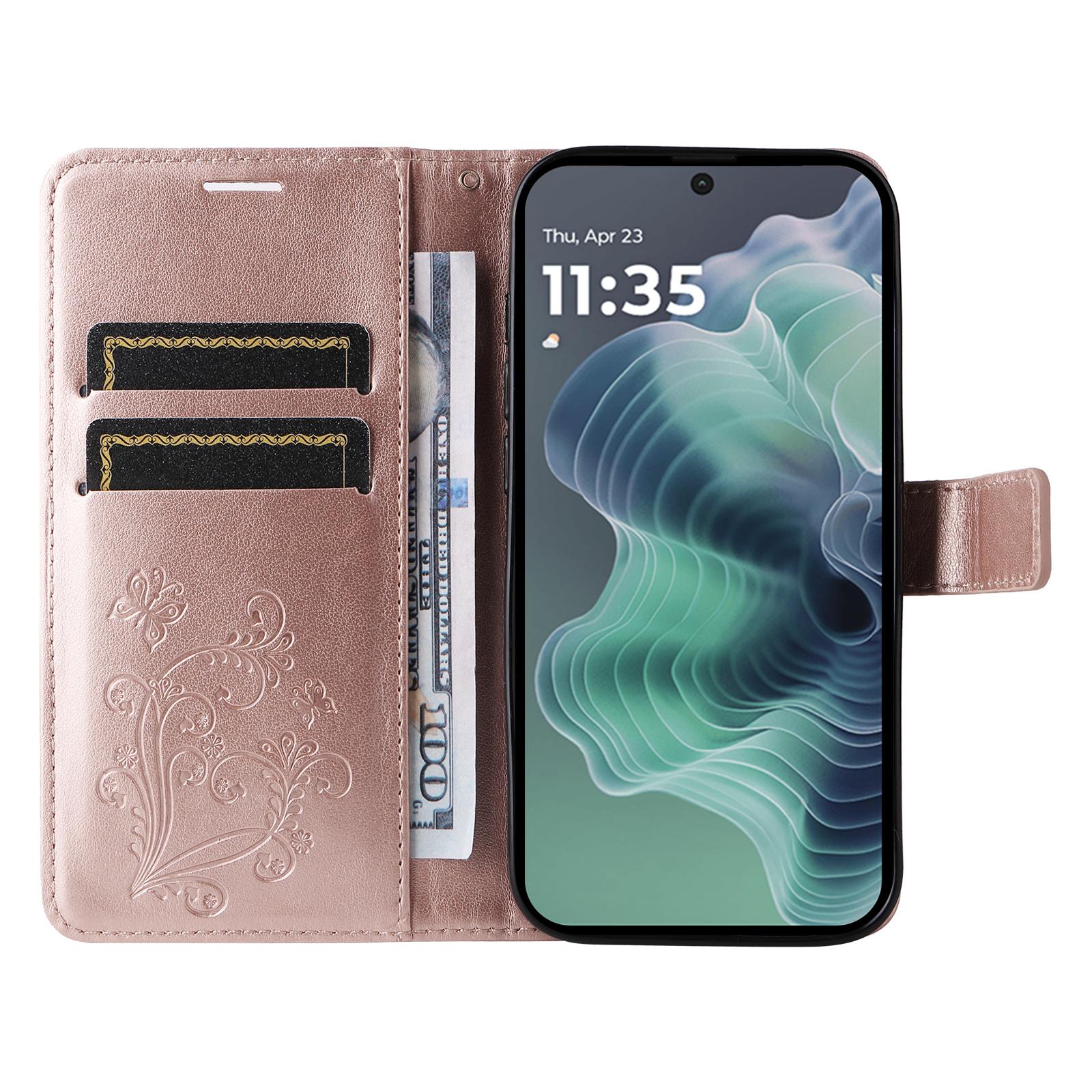 

For Motorola Moto G35 5G Wallet Case Floral Butterfly Imprinted Leather Phone Cover Stand Rose Gold