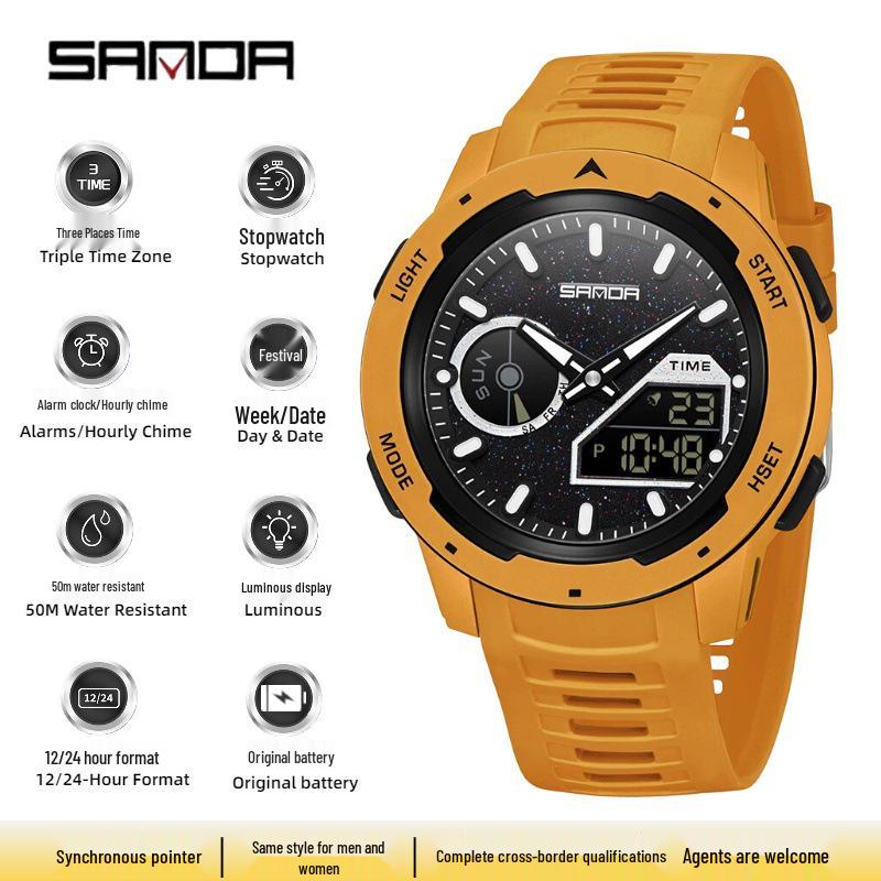 Sanda Unisex Multifunction Waterproof Sports Wristwatch with Dual Display