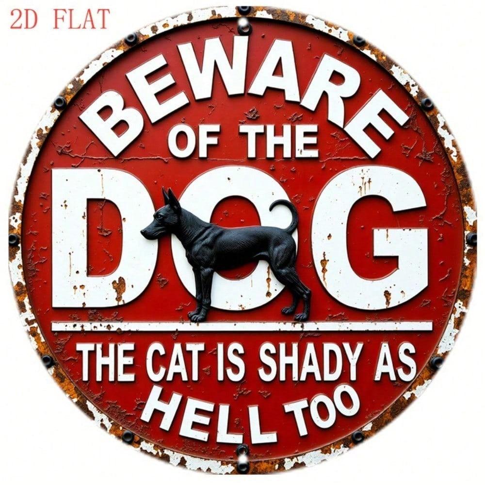 Vintage Metal Sign Rusty Farmhouse Wall Decor 8 Inch Round Beware of Dog Warning Plaque Retro Red White Funny Pet Caution