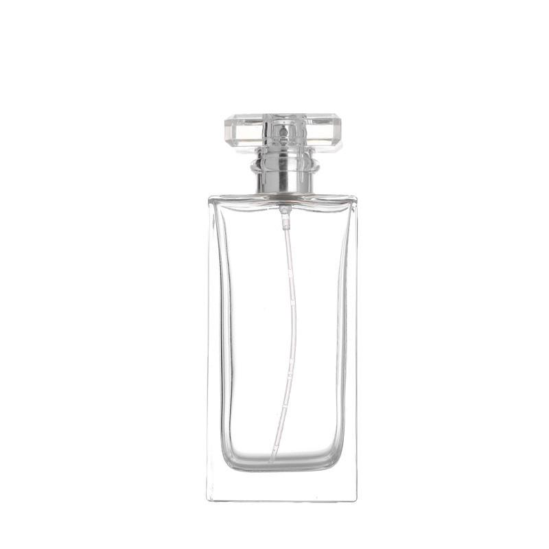Transparent Glass Perfume Decanter with Press-Type Spray, 50/100ml, Flat Square Bayonet Design