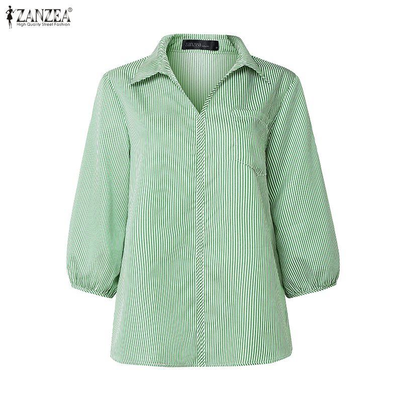 ZANZEA Camicia da donna a righe larghe con colletto a punta e maniche a 3/4