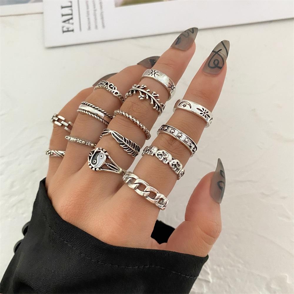 Elegant and Versatile Fashion Retro Tai Chi Ring 14-piece Hollow Engraved Ring Heart-shaped Simple Ring Popular Female Jewelry