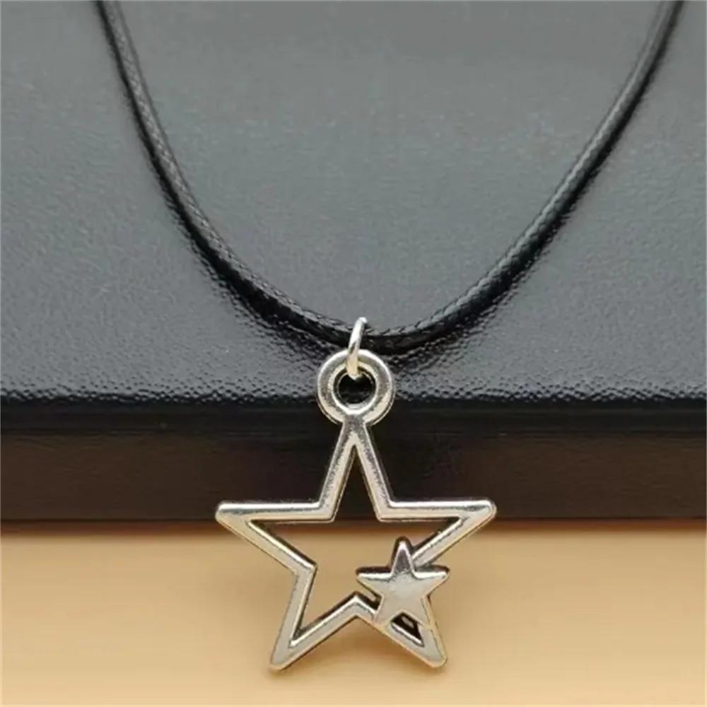 1pcs Vintage Pentagram Necklace Black Rope Necklace Personalized Fashion Alloy Star Pendant Jewelry Party Gift