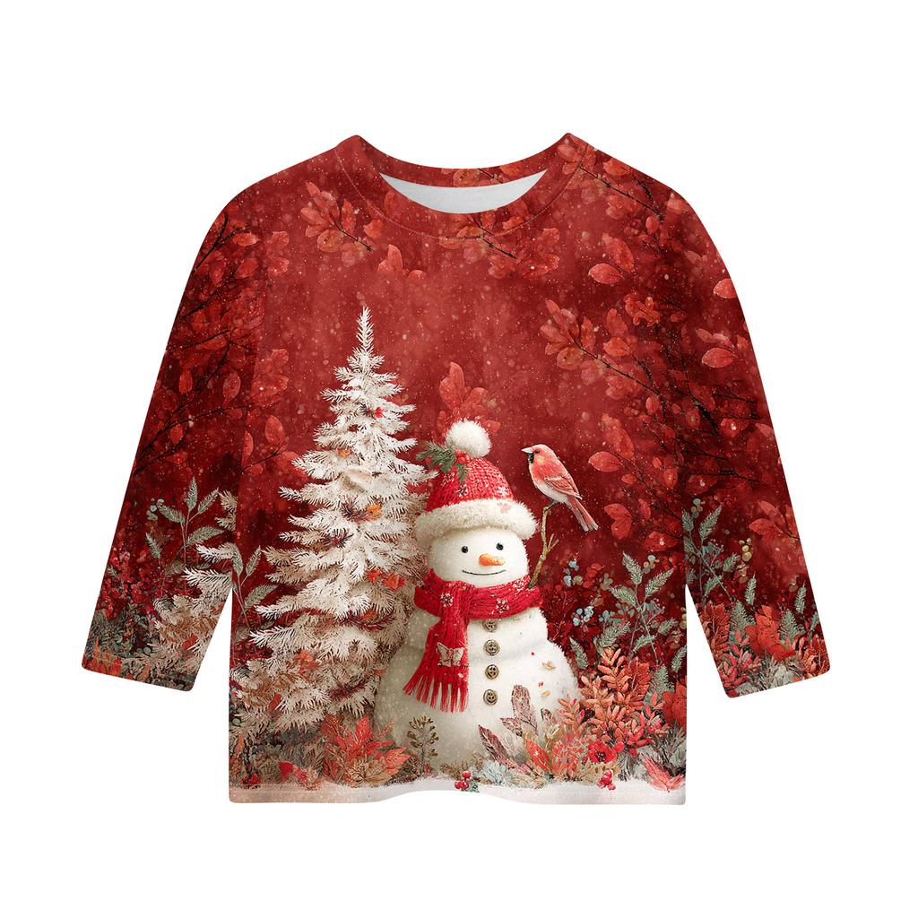 Christmas Day Print Tops For Youth Girls 4-11 Years Round Neck 3/4 Sleeves T-Shirts Trendy Tops Outfit Tees