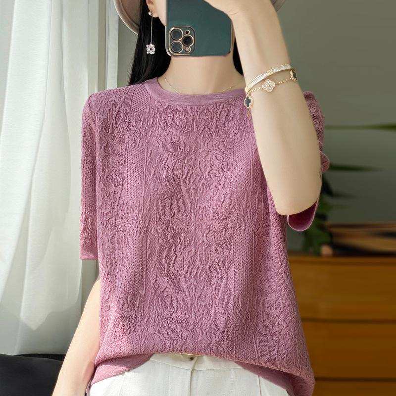 

Summer New Short Sleeve Women s Crew Neck Loose Pullover Half Sleeve Top Jacquard Bottom T-Shirt M верблюд
