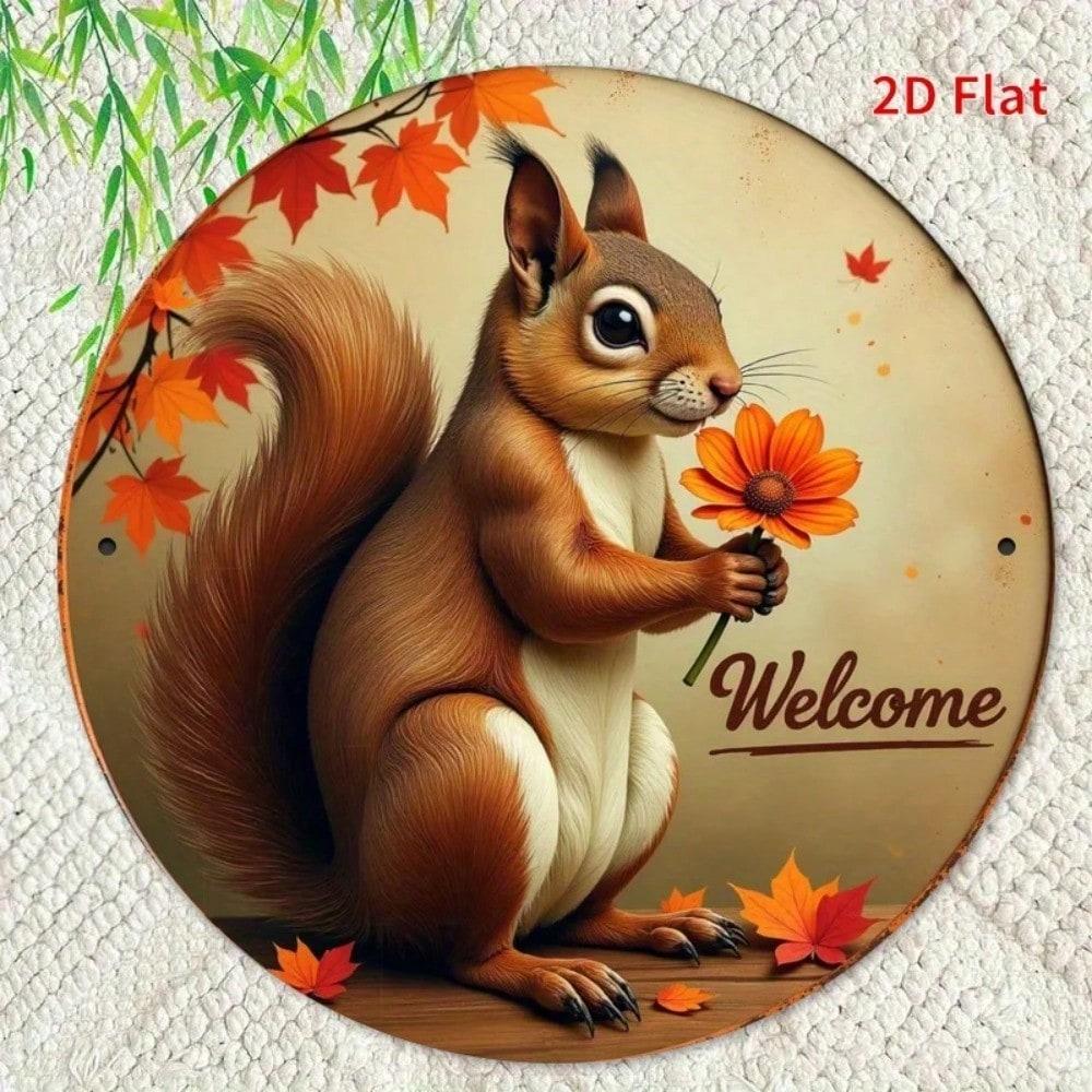 Vintage Squirrel Maple Leaves Metal Tin Sign Rustic Farmhouse Entryway Wall Decor Housewarming Gift