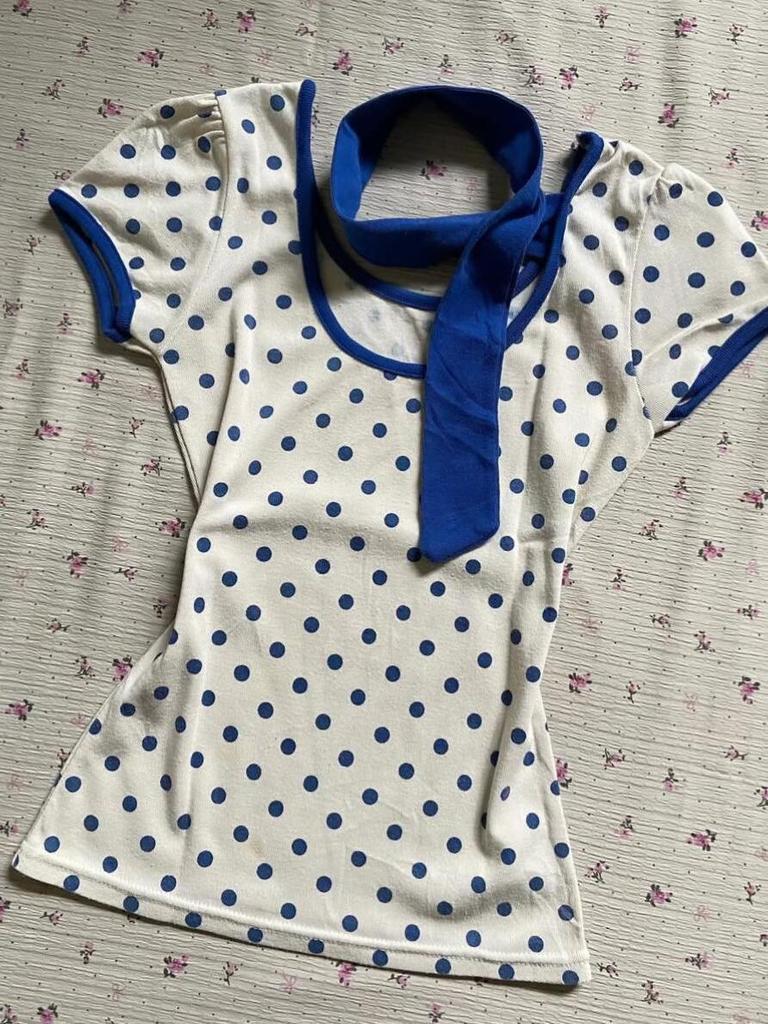 Retro Blue Polka Dot Slim Fit Short Sleeve T-Shirt