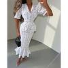 Vestido Midi Sirena Peplum Cuello Blazer Manga Abullonada Estampado Floral Blanco para Mujer Elegante Casual Vestido de Dama de Honor Boda Vestido de Verano