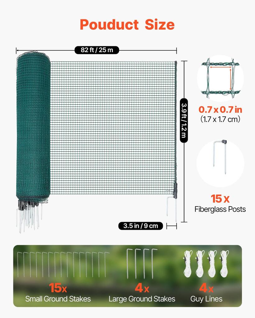 Temporary Fence with Posts, 1.2 x 25m Plastic Mesh Fencing, Garden Safety Fences Netting with Double-Spike Stakes & Guy Ropes, Temporary Fence for