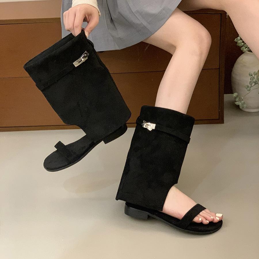 Vintage low-heeled khaki suede open-toed short boots women's 2025 new Spice Girls vacation pant boots sandals cool boots