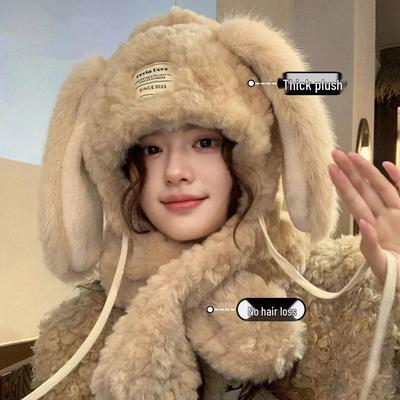 Women's Korean Style Plush Bunny Ear Hat with Warm Ushanka Scarf