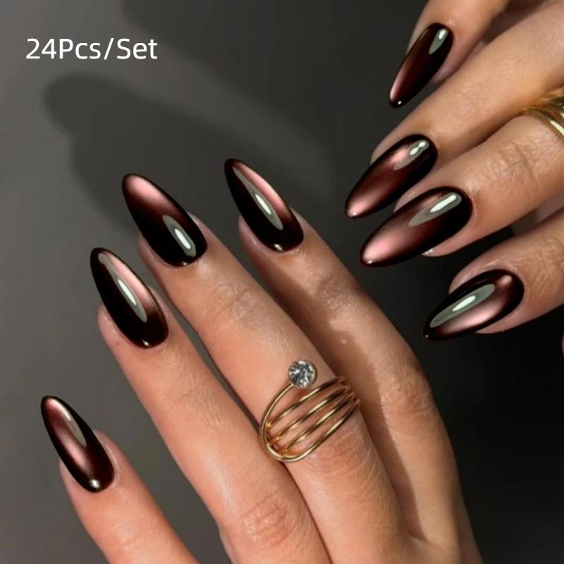 24Pcs/Set Mid-Length Almond Press On Nails Art Simple Wine Red Fake Nails Wearable Round Head Oval Full Cover False Nail Tips