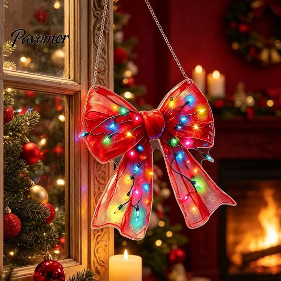 Hanging Bow Ornaments for Porch Christmas Acrylic Ornament, 2D Flat Decoration Colorful Lantern Print Bows Tree, Window, Wall Holiday Home Decor