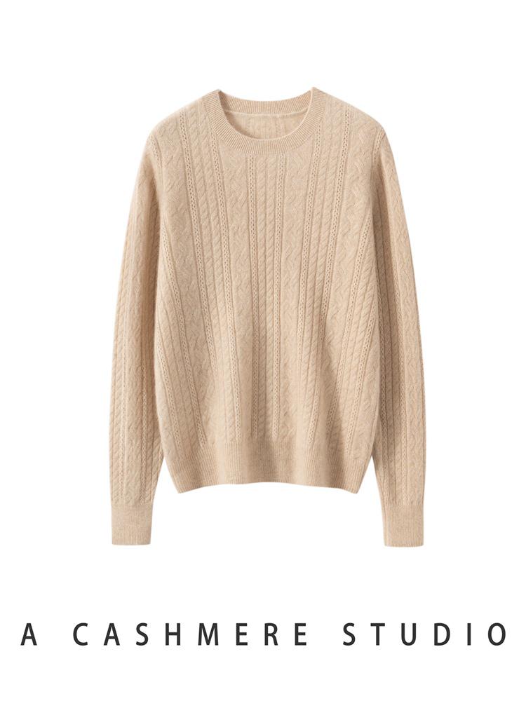 Women's Cable Knit Cashmere Sweater - Round Neck, Soft Pullover, Loose Fit, Perfect for Autumn & Winter.