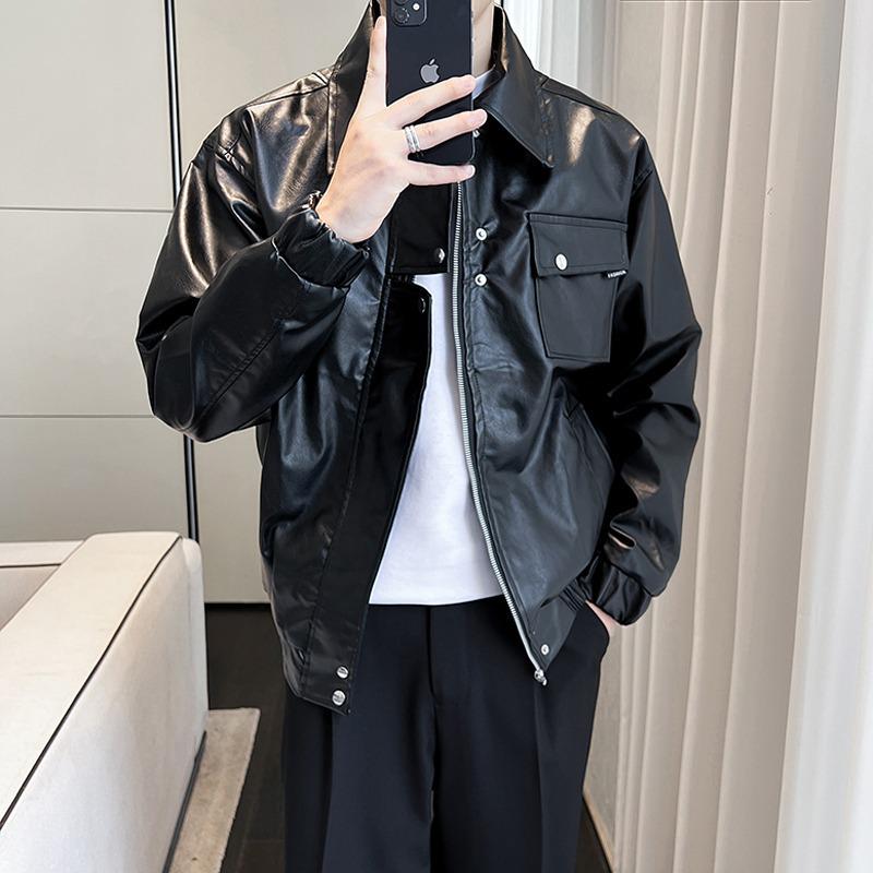 

Кожаная мотоциклетная куртка Rogue & Handsome из ПУ - с двойной молнией, накладными плечами, в стиле стритстайл для осени/зимы L чёрный