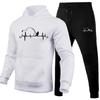 Linepulse Men Hoodie & Jogger Set, Clean Heartbeat and Fishing Figure Line Art Print, Thick Fleece Sport Two Piece Set for Street Leisure