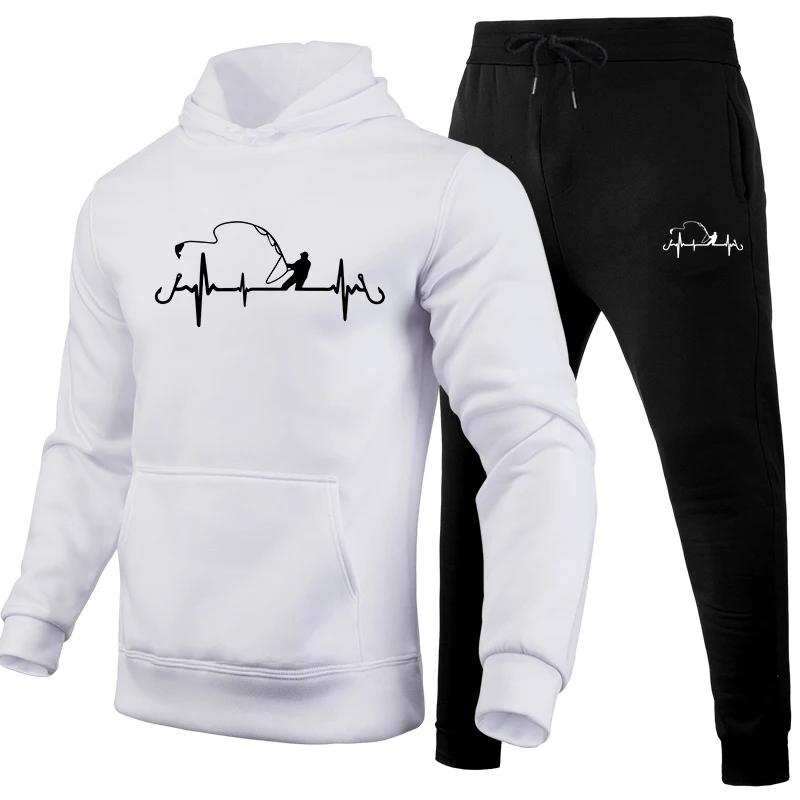 Linepulse Men Hoodie & Jogger Set, Clean Heartbeat and Fishing Figure Line Art Print, Thick Fleece Sport Two Piece Set for Street Leisure