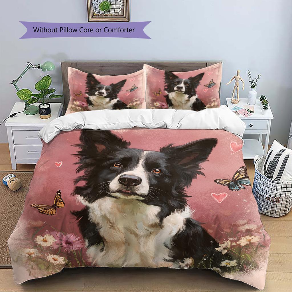 Pink Border Collie Pattern Bedding Home Decoration Birthday Gift (1 * duvet cover + 2 * pillowcase, without core)