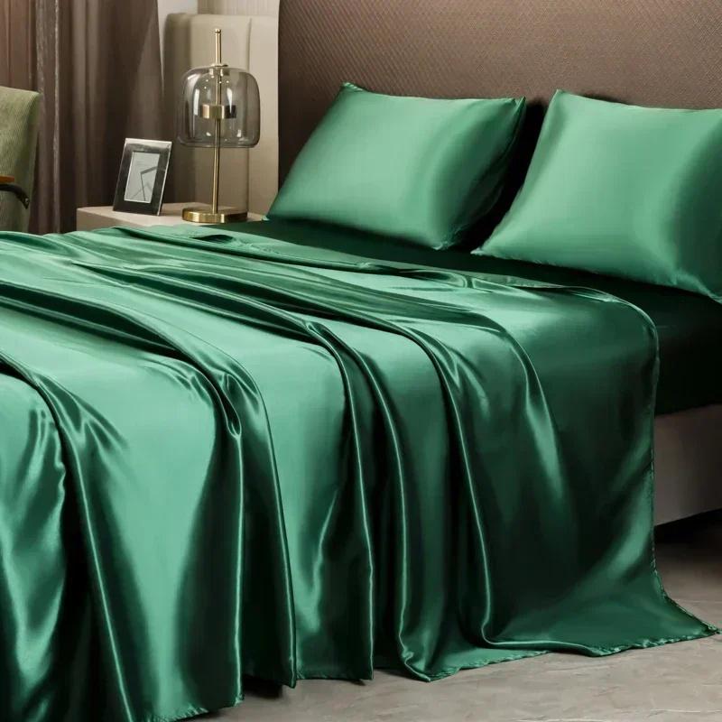Satin Flat Bed Sheet Smooth Luxury Satin Silk Bedding Set with Duvet Cover Bed Sheet 1 Duvet Cover+1 Bed Sheet+2 Pillowcases