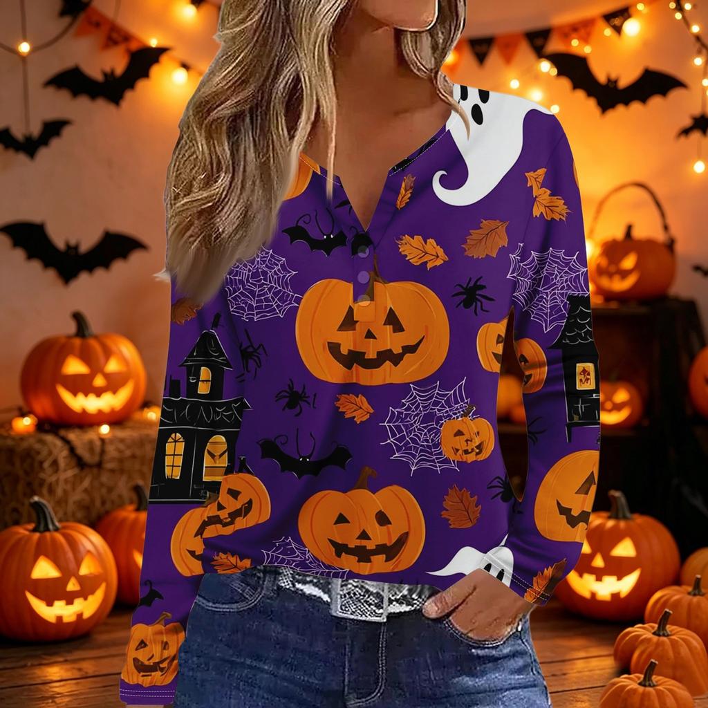 Women's Halloween Print Long Sleeve V Neck Button Detail Casual T Shirt Top with Festive Graphic Design for Seasonal Wear