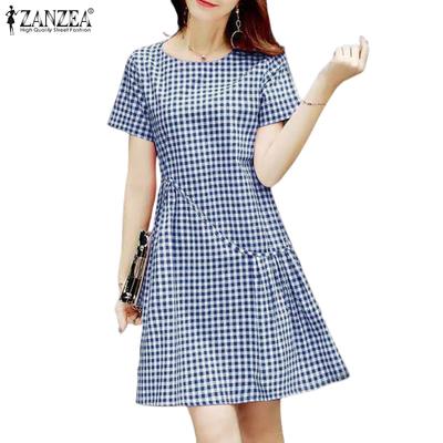 Damen Freizeitkleid mit Rundhalsausschnitt und Karomuster, Sommerkleid mit kurzen Ärmeln