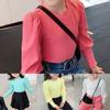 Candy Color Fashion Baby Girls Rib Long Puff Sleeve Irregular Lovely O Neck Spring Autumn Knitted Sweater