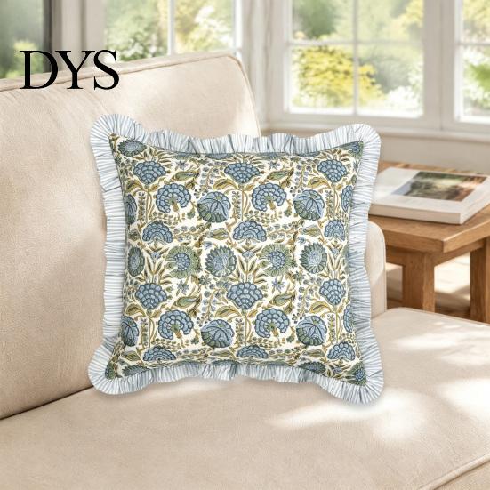 Cozy Living Room Decor Floral Throw Pillowcase with Lace Ruffle Trim, Decorative Soft Polyester Cushion Washable Protectors Cover, French Style Pillow
