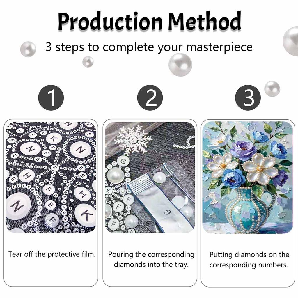 DIY Frameless Pearl Painting Kit Blue Vase Flowers 3D Shiny Bead Art Canvas Relaxing Creative Craft for Home Wall Decor Gift