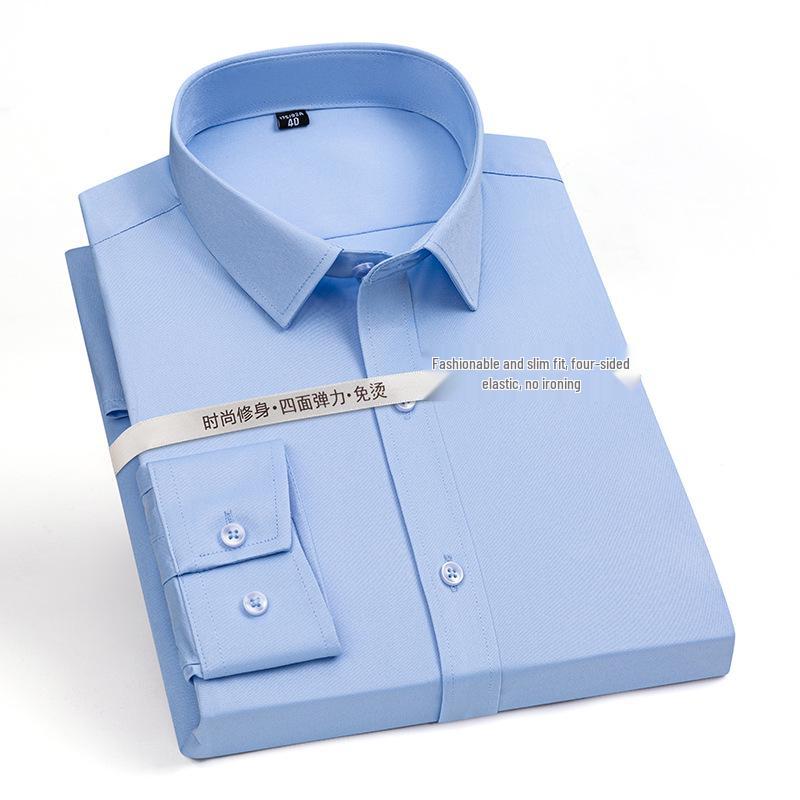 Męska elastyczna koszula z długim rękawem, nie wymagająca prasowania, biała - styl europejski i amerykański na formalne okazje biznesowe lub rozmowy kwalifikacyjne