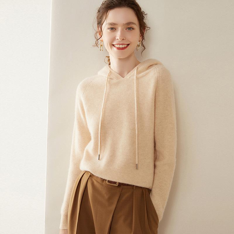 Women's Hooded Cashmere Sweater: Long Sleeve, Thick, Warm, Autumn/Winter Knit, Loose Fit Pullover.