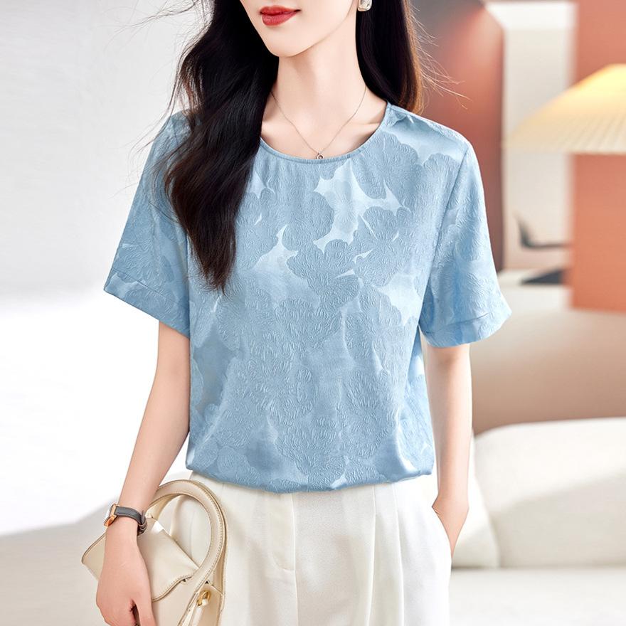 Silk Crown Music Crepe Short-sleeved T-shirt Women's Summer New Round Neck Loose Fashion Jacquard Mulberry Silk Shirt Top