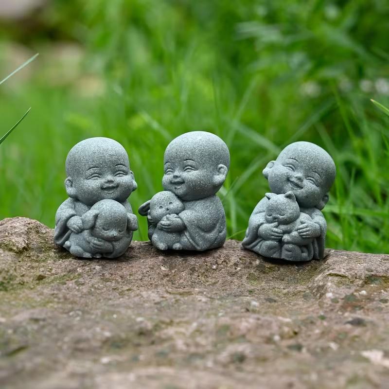 Zen Garden Animal Monk Resin Statue Stone Decor for Outdoor Meditation Home Spiritual Ambiance