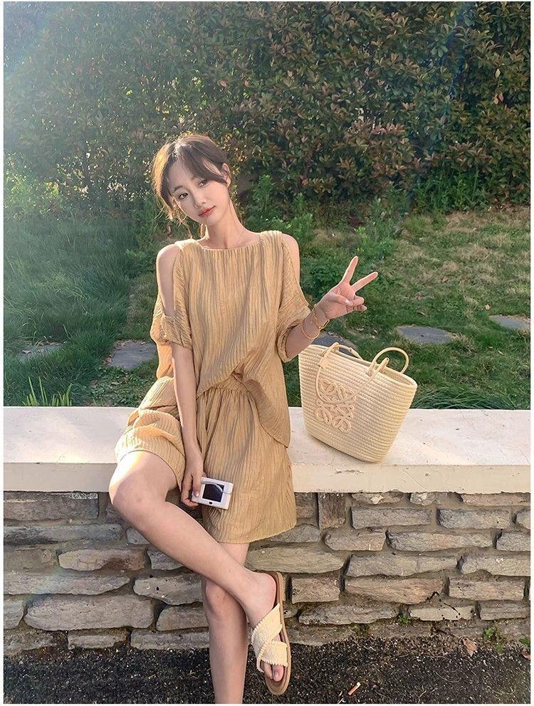 Korean Off-Shoulder Chiffon Top & Shorts Set, Women's Summer Petite Collection, Fresh & Airy Style
