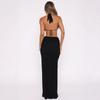 European and American summer sexy solid color hollow out deep V-neck hanging neck twisted irregular dress